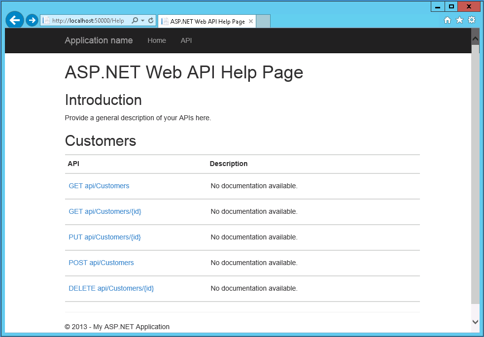 A screenshot of Internet Explorer showing the summary page listing the REST requests supported by the ASP.NET Web API web service.