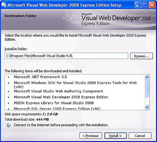 Specify the folder in which to install Visual Web Developer.