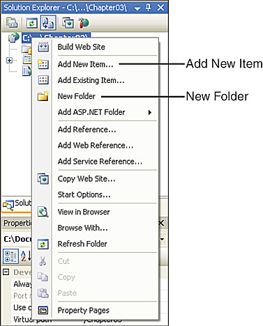To add a new file or folder, right-click the website name in the Solution Explorer.