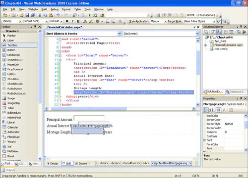 The Design view, after all three TextBox Web controls have been added.