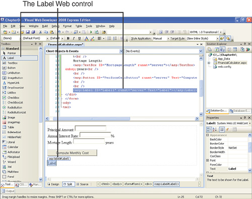 A Label Web control has been added to the ASP.NET web page.