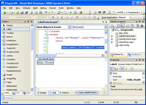 A Label Web control has been added and its Text property has been set.