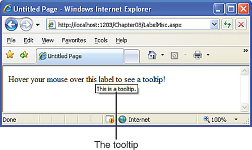 A tooltip is displayed when the mouse pointer hovers over the Label Web control.