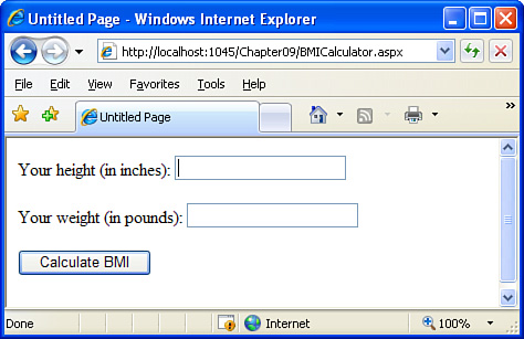 The final BMICalculator.aspx ASP.NET web page when it is first visited.