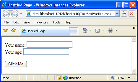 The ASP.NET page, when visited through a browser, displays two text boxes and a button.
