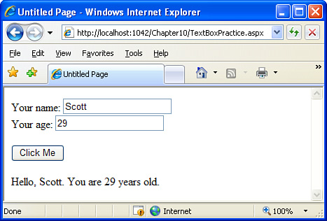 The user’s supplied name and age are displayed.