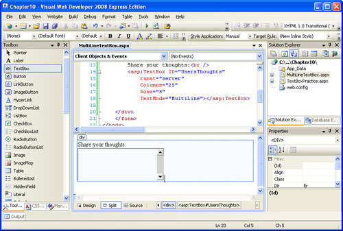 A multiline TextBox Web control with 25 columns and 5 rows has been added to the page.