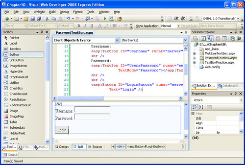 The ASP.NET web page has two TextBox Web controls and a Button Web control.