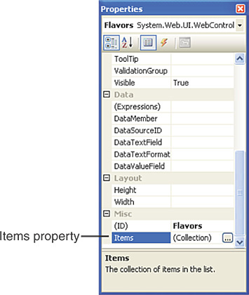 Clicking the Items property reveals a button with a pair of ellipses.