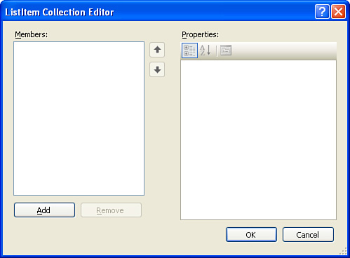 The ListItem Collection Editor dialog box allows you to manage the options for a DropDownList Web control.