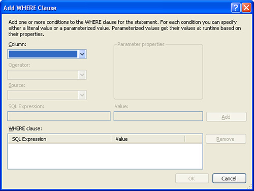 Filter the results using the Add WHERE Clause dialog box.