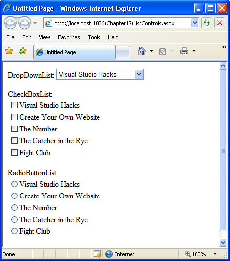 The list Web controls have five items, one for each book in the Books table.