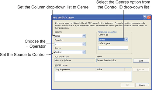 Add a WHERE clause parameter whose value is the selected value of the genres DropDownList.