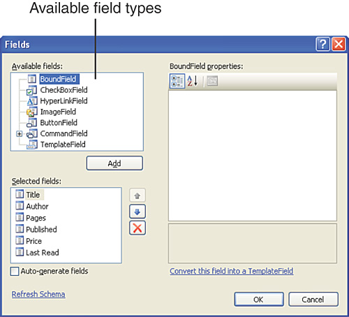 The Fields dialog box lists the fields in the data Web control, along with the field types that can be added.