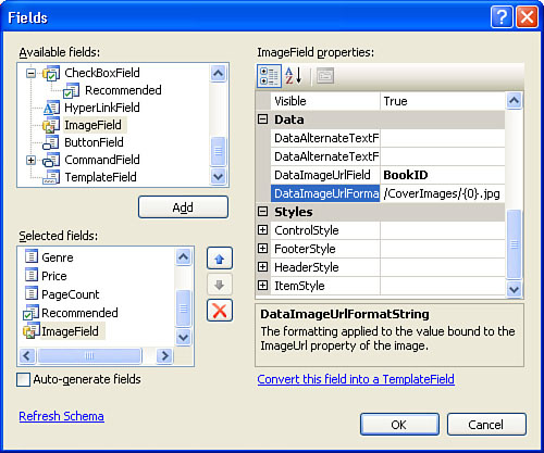 Set the properties of the ImageField through the Fields dialog box.