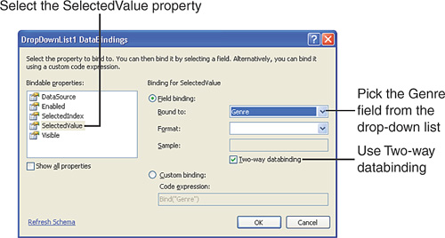 Bind the SelectedValue property to the Genre column value using two-way data binding.