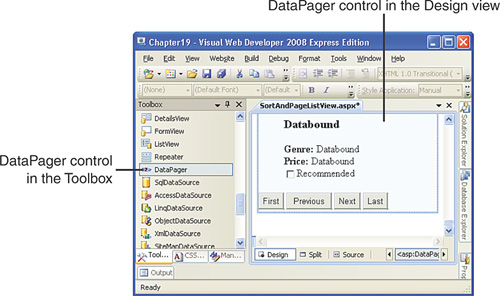 The DataPager appears in the Designer as First, Previous, Next, and Last buttons.