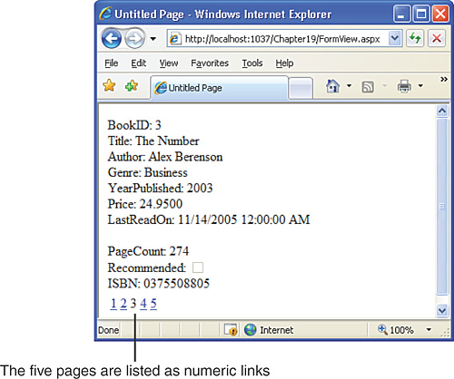 The FormView’s default paging interface uses a series of page numbers.