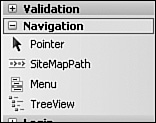 The navigation Web controls can be found in the Toolbox under the Navigation label.