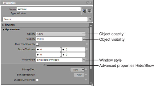 The appearance properties of a Window object.