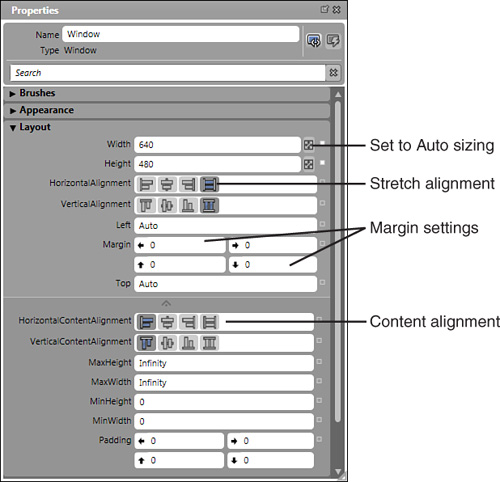 The standard Layout properties for a Window object.