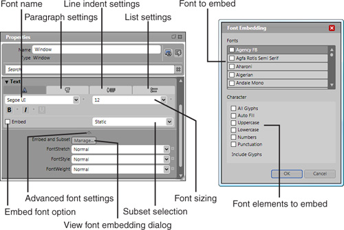 The standard Text properties category and the related Font Embedding dialog box.