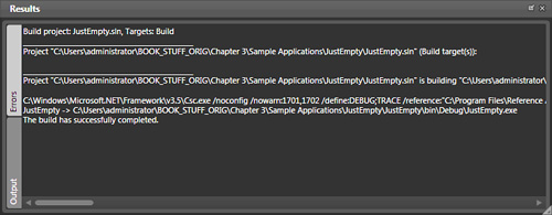 The Results panel delivers compiler information as a project is being built.