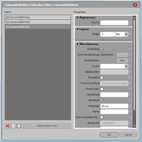 The ColumnDefinition Collection Editor.