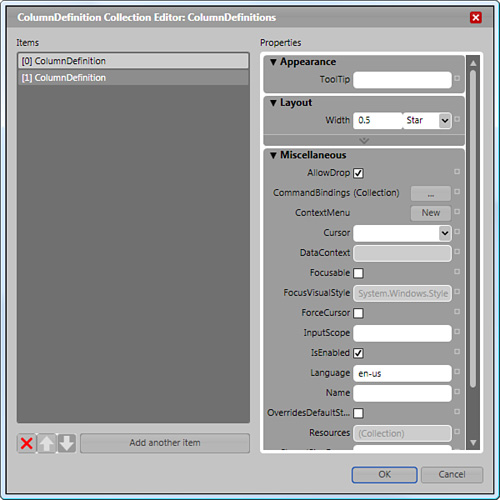 The ColumnDefinition Collection Editor has a lot of properties that you can assign to each column/row.