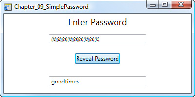 A simple application using the PasswordBox and displaying an @ symbol as the PasswordChar value.