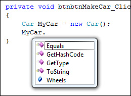 The IntelliSense for the MyCar object only displays “Public” member variables.