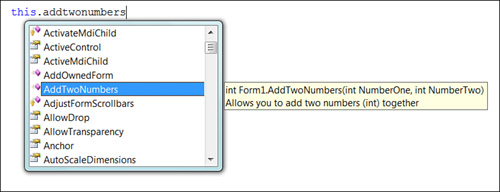 The IntelliSense presents the comments to the user when he or she calls the method.