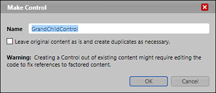 The Make Control dialog prompts you to understand that references are not carried over to the new control (which includes animations).