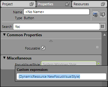 The small pop-up box used to edit the FocusVisualStyle property directly.