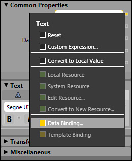 The Data Binding option of the advanced property options context menu.