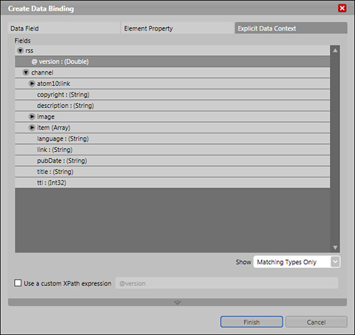 The dialog control and the fields available for binding.