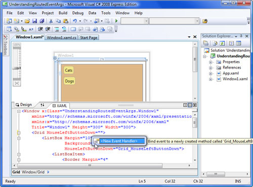 Adding an event handler using IntelliSense from XAML.