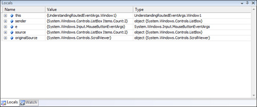 Examining the local variable during a routed event.