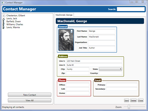EditContactView.xaml listing (14.5)listings14.5 (EditContactView.xaml)A fully realized and styled contact UI.