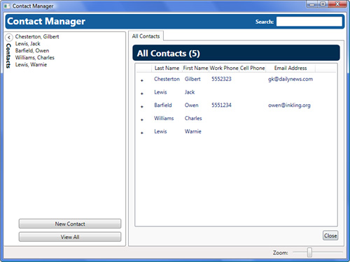 The list view using a data template.