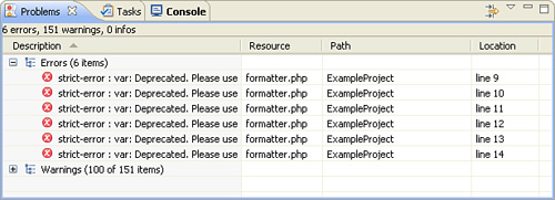 Problems view showing errors.