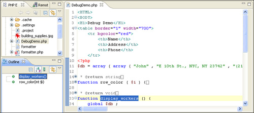 Outline view with PHP class method (function) highlighted.