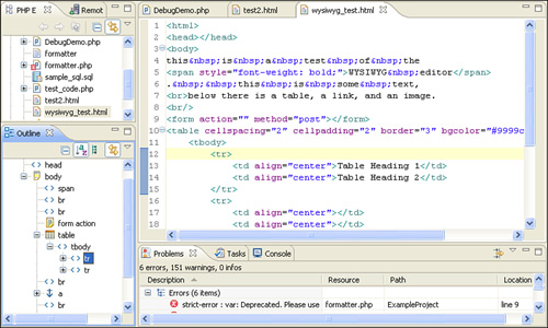 Outline view with “raw” HTML file open.