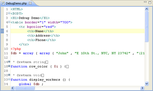 The code editor with some PHP code being edited.