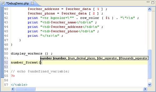 The code completion assistant showing the code context for the number_format PHP function.