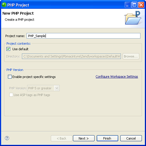 Changing the default settings on the PHP Project Wizard.