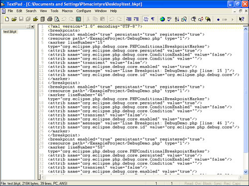 Exported breakpoints file in XML format.