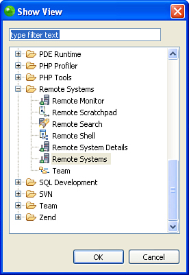 Selecting the Remote Systems view from the Show View dialog.