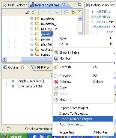 Creating a project in the PHP Explorer View based on a remote FTP connection.