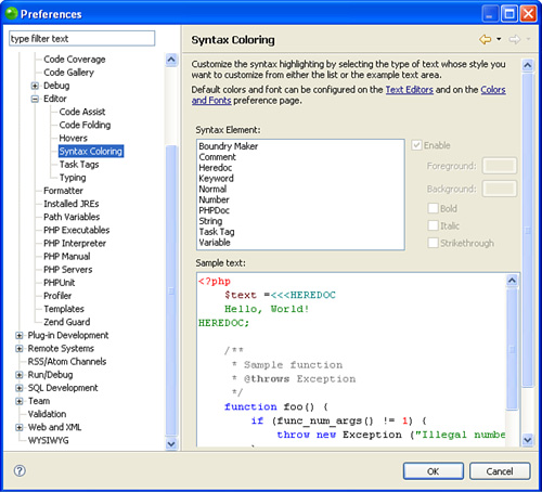 The Syntax Coloring page of the Preferences window.